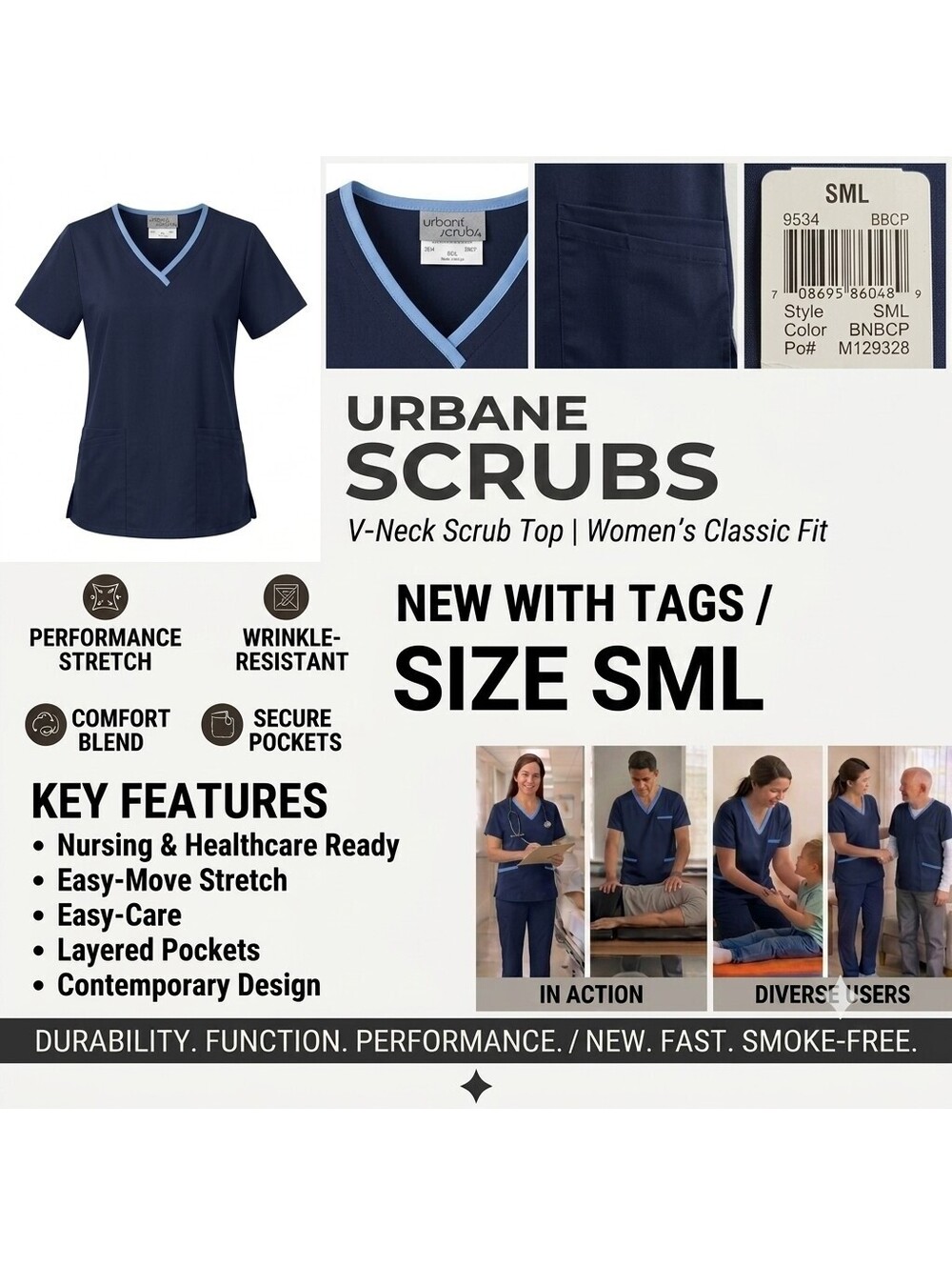 Urbane Scrubs Women Small Navy Blue Crossover V-Neck Top NWT 9534
